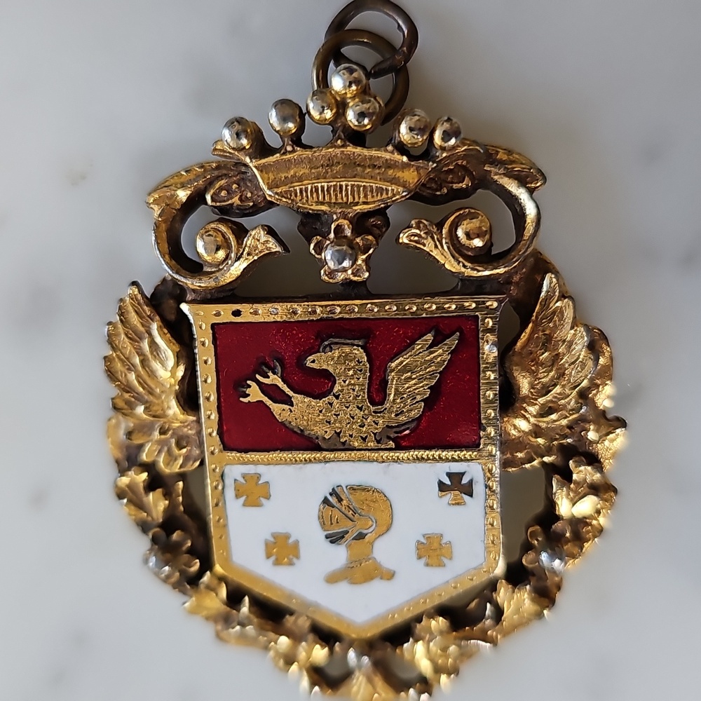 Coro Coat of Arms Vintage Brass Enamel Heraldic Shield Pendant - Picture 7 of 7